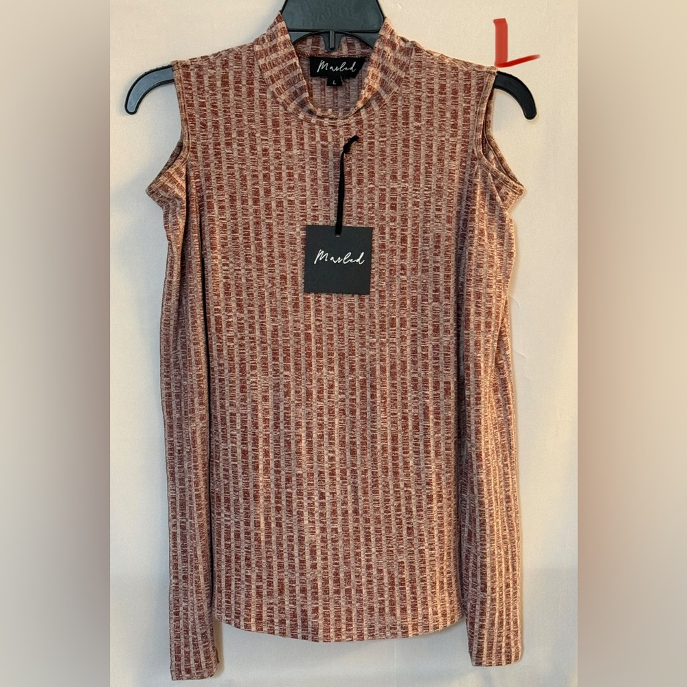 Marled Ribbed Mock Neck Cold-Shoulder Top in Rust and Cream